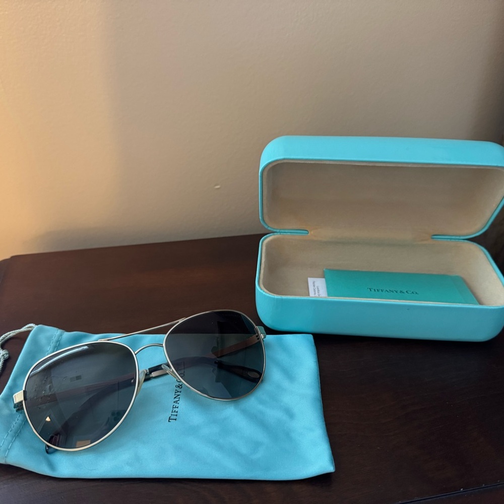 Tiffany & Co. Silver Aviator Sunglasses with Blue Case